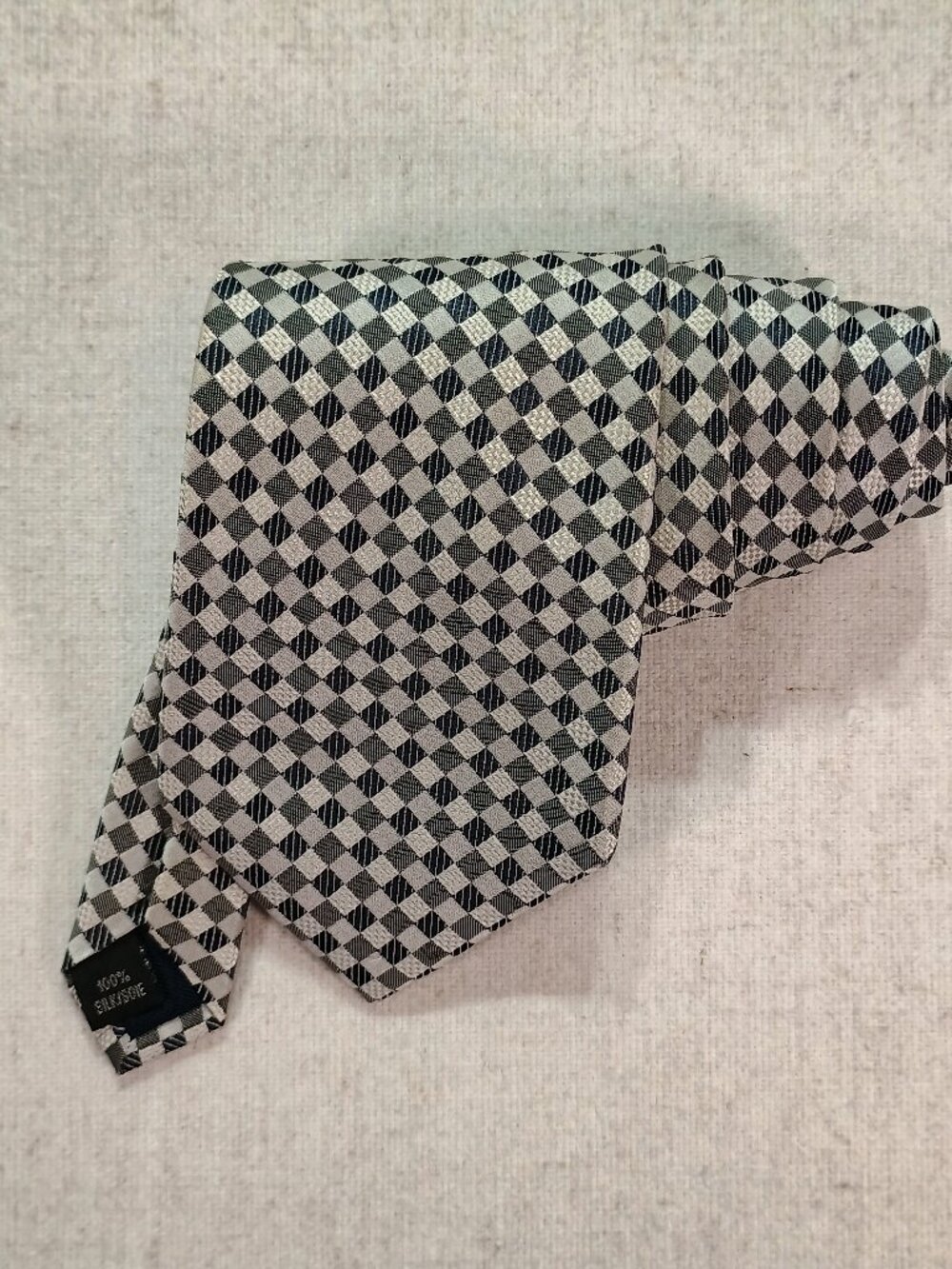 Daniel Hechter Paris Gray & Black Diamond Check 100% Silk Tie, Quiet Luxury